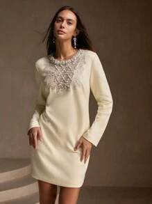 Anewsta Women's Fashionable Elegant Airy Knit Dress With Pearl And Rhinestone Decor