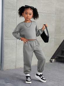 SHEIN 2 piezas Conjunto de sudadera corta de punto de unicolor y pantalón de chándal holgado de ajuste largo para niña joven - Gris - Ver 4