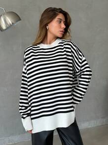 EURMUSE Striped Pattern Contrast Binding Drop Shoulder Jumper - Black and White - View 1