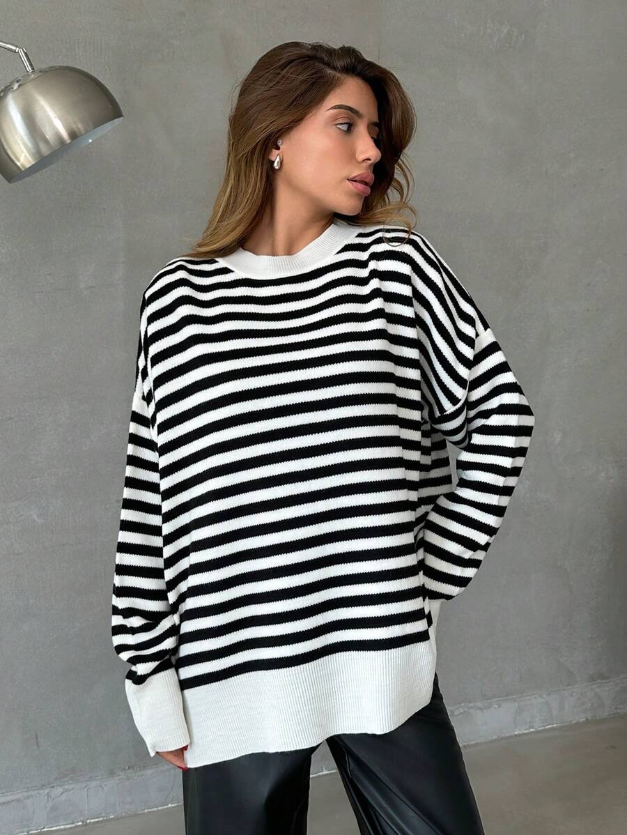 EURMUSE Striped Pattern Contrast Binding Drop Shoulder Jumper - Black and White - View 1