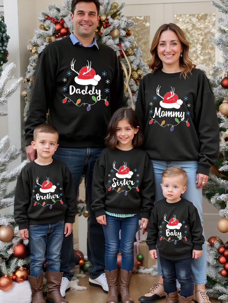 SHEIN 黑色圣诞帽和文字印花羊毛长袖圆领运动衫，适合青少年女孩，时尚、温暖、家庭装，妈妈和我（5 件单独出售） - 黑色 - 查看 1