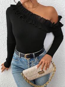 SHEIN Clasi Jersey de manga larga con hombro asimétrico y ribete de volantes para mujer, color negro