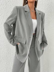 SHEIN EZwear 夏季服装 翻领翻领细节西装外套 - 灰色 - 查看 3