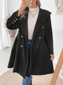 Flirla Plus Size Solid Color Button Front Long Sleeve Hooded Coat Top, Casual Daily Wear