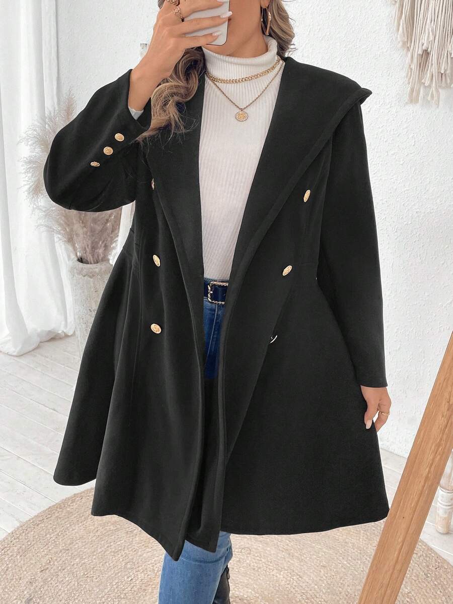 Flirla Plus Size Solid Color Button Front Long Sleeve Hooded Coat Top, Casual Daily Wear