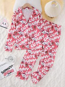Bộ đồ ngủ in hình thỏ hoạt hình và chữ cho bé gái tuổi teen 2 chiếc áo len cardigan cổ bẻ kèm quần dài thoải mái - Bụi hồng - Xem 3