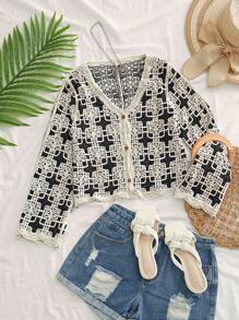 SHEIN VCAY Áo len dệt kim hở cổ đơn giản cho nữ, mùa xuân hè - Màu be - Xem 1