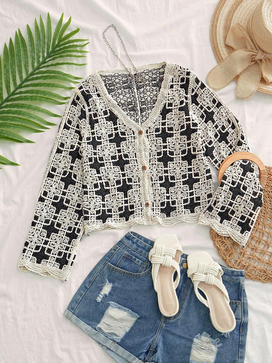 SHEIN VCAY Áo len dệt kim hở cổ đơn giản cho nữ, mùa xuân hè - Màu be - Xem 1