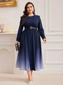 Modelyn 大码女式渐变色下摆圆领长袖优雅连衣裙，适合春秋季节 - 彩色 - 查看 3