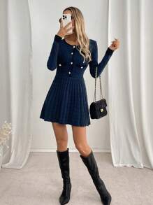 Calvaya Retro French Style Sweater Dress, Thick Polyester Fabric, Waist Design, Fitted Silhouette, Navy Blue, Suitable For Party, Outing And Street Wear, Autumn/Winter