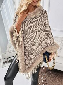 Chiquease Fluffy Patchwork Round Neck Casual Sweater With Fringe Hem Knit Pullover Fall Winter Outfit - Apricot - View 4