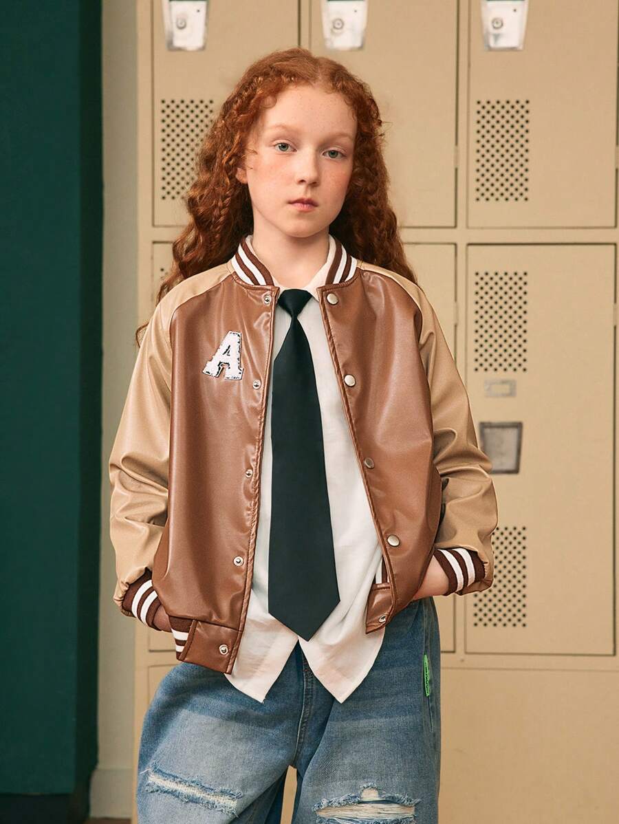 SHEIN Explorewe Tween 女童撞色休闲街头绗缝 PU 皮革棒球夹克,秋冬 - 卡其色 - 查看 1