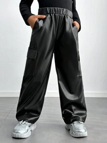 Young Girl Plain Color Elastic Waist PU Leather Utility Pockets Loose Casual Pants - Black - View 8