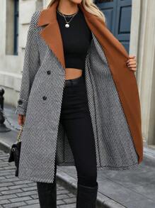 SHEIN LUNE Women's Color Block Drohoulder Long Sleeve Herringbone Long Casual Knitted Blend Coat, Winter