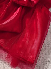 SHEIN 新生女婴 100 天红色蕾丝连衣裙（带头带）摄影连衣裙套装 - 紅色 - 查看 4