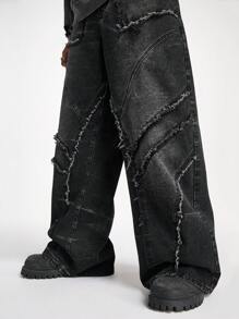 PAVTROS Manfinity Streetrush Men's Black Washed Denim Patchwork Loose Wide-Leg Pants Plain Wide Leg Oversize Jeans, For Husband, Boyfriend Gifts, Grunge - Black - View 5