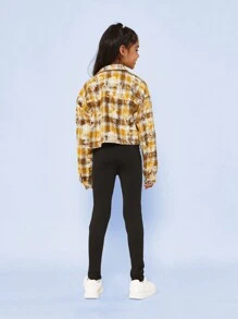 SUMWON 青少年女孩短款长袖格纹衬衫和黑色紧身连衣裤，带有小纽约图案印花 - 彩色 - 查看 2