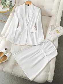 Calvaya Women Ruffle Hem Faux Pocket Shirt And Mini Skirt Elegant Suit