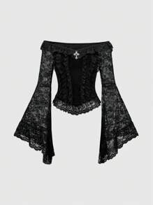 ROMWE Goth 哥特式宫廷风格十字装饰撞色蕾丝喇叭袖露肩天鹅绒女式衬衫，万圣节 - 黑色 - 查看 1