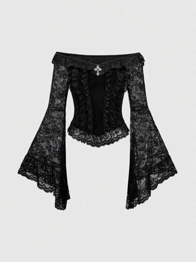 Gothic Palace Style Cross Decor Contrast Lace Flare Sleeve Off-Shoulder Velvet Blouse For Women, Halloween