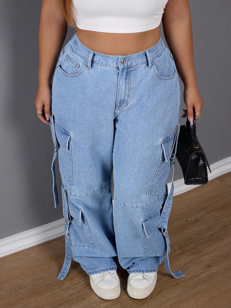 SHEIN SXY Plus Size High Waist No-Stretch Multi-Pocket Decorated Straight Boyfriend Jeans - Light Wash - View 1