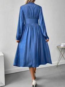 SHEIN LUNE 女士纯色前扣长袖褶皱休闲中长连衣裙