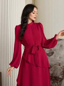 Modelyn 女士优雅束腰修身不对称袖长连衣裙 - 玫紅色 - 查看 6