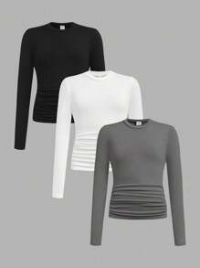 SHEIN ChillGRL 三件套少女休闲套装，收腰圆领修身短款长袖T恤，适合学校、校园、学院风秋冬穿着 - 彩色 - 查看 4