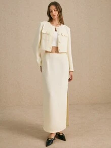 Poéselle Women's Pearl Button Jacket & Slit Long Skirt Elegant Suit Set