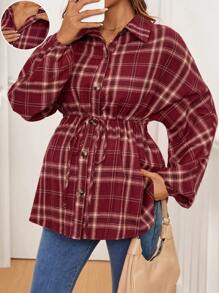 SHEIN 孕妇格子蝙蝠袖系带休闲衬衫春秋季 - 彩色 - 查看 3