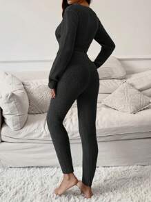 EMERY ROSE 2pcs Set: Solid V-Neck Long Sleeve Minimalist Sweater And Front-Tie Pants Fall Winter Cloth For Women - Black - View 2