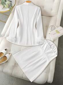 Calvaya Women Ruffle Hem Faux Pocket Shirt And Mini Skirt Elegant Suit