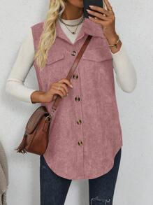 EMERY ROSE 女士纯色翻领单排扣无袖休闲夹克，春秋 - 粉色 - 查看 4