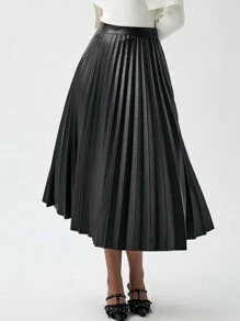 Lumivelle 优雅休闲的办公通勤风褶皱PU皮革A字中长裙 - 黑色 - 查看 6