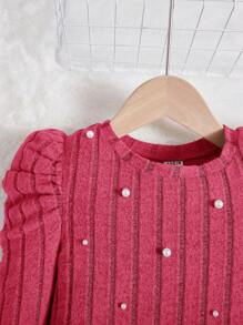 SHEIN Young Girl Fuzzy Knit Ribbed Raglan Sleeve T-Shirt With Pearl Decor, Fall (9) & Winter (2) - Hot Pink - View 3