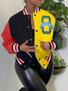 INAWLY 大码彩色块字母印花休闲夹克，秋季