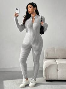 SHEIN EZwear 大码纯色长袖前拉链简约连体裤，休闲日常穿着 - 淺灰色 - 查看 4