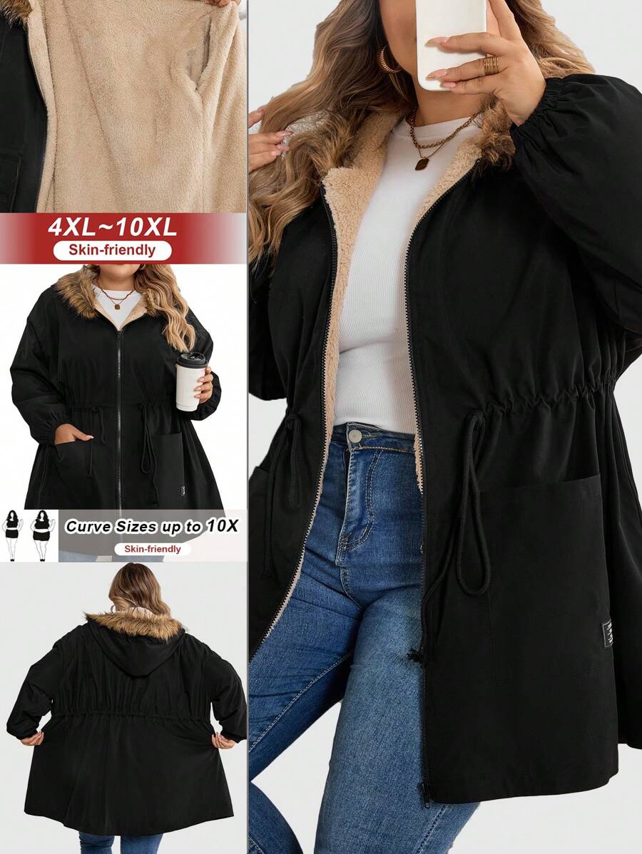 SHEIN CURVE+ Áo khoác có mũ trùm đầu thanh lịch cỡ lớn mùa đông mới mềm mại có đệm - màu đen - Xem 1