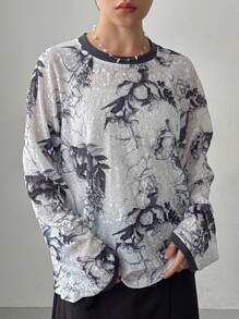 FRIFUL Camiseta holgada de cuello redondo con rayas de color contrastante para mujer - Negro - Ver 5