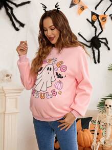 SHEIN Maternity Pink Drop Shoulder Letter Graphic Sweatshirt For Fall And Winter, Halloween - Pink - View 5