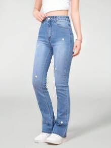 SHEIN Teen Girls' Embroidered Stretchy Flared Jeans - Medium Wash - View 3