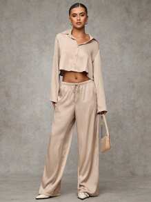 SHEIN BAE 女式纯色前扣长袖休闲衬衫 - 卡其色 - 查看 1