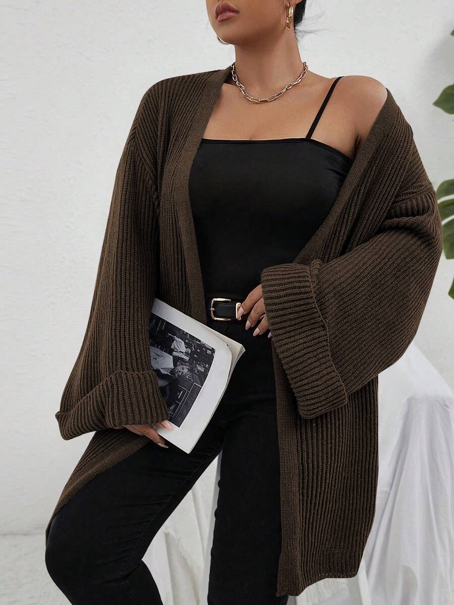 Calvaya Plus Size Casual Solid Color Flare Sleeve Cardigan, Autumn, For Winter Fall Cloth For Women - Coffee Brown - View 1