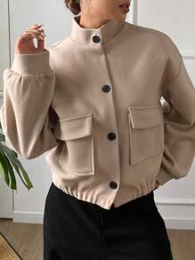 DAZY Solid Color Stand Collar Pocket Short Jacket For Women,Fall Clothes - Apricot - View 10
