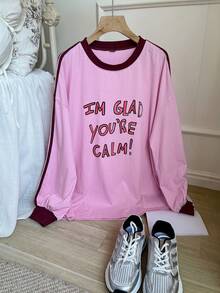 DAZY 女士撞色圆领印花长袖 T 恤 - 粉色 - 查看 2