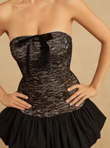 L'Amorae Lace Bodycon Contrast Bubble Hem Bow Tie Detail - Black - View 2