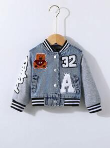 SHEIN Playful Pals 男婴街头时尚休闲牛仔布拼布针织夹克，带刺绣拼布和罗纹袖口 - 中等水洗藍 - 查看 6