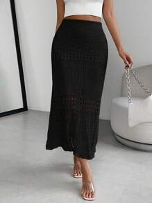 Almamuse Chân váy len rỗng màu trơn thường ngày - màu đen - Xem 3