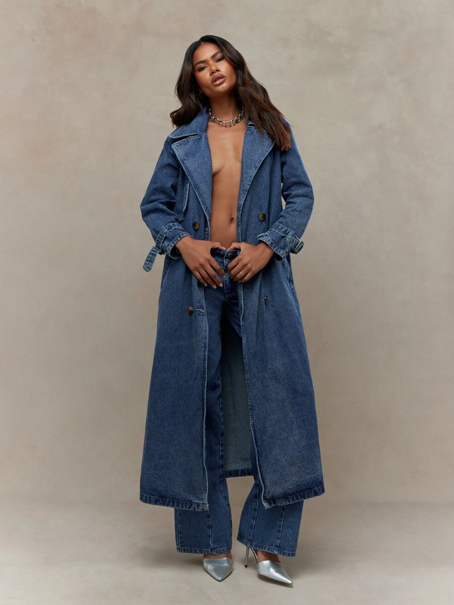 MISSGUIDED Langer Jeans-Trenchcoat, doppelreihig, bodenlang, Herbst-/Wintermantel, klassisches, zeitloses Vintage-Design - Blau - Übersicht 1