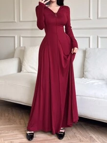 Feyla Vestido largo elegante de mujer color rojo burdeos con cintura ajustada, para primavera y otoño - Burdeos - Ver 4